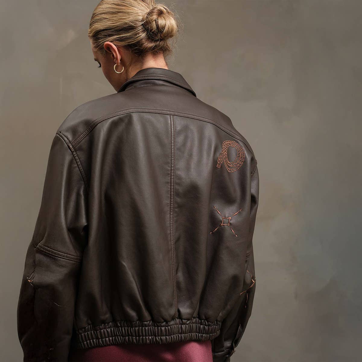 Lucky Charm Embroidered Leather Bomber Jacket
