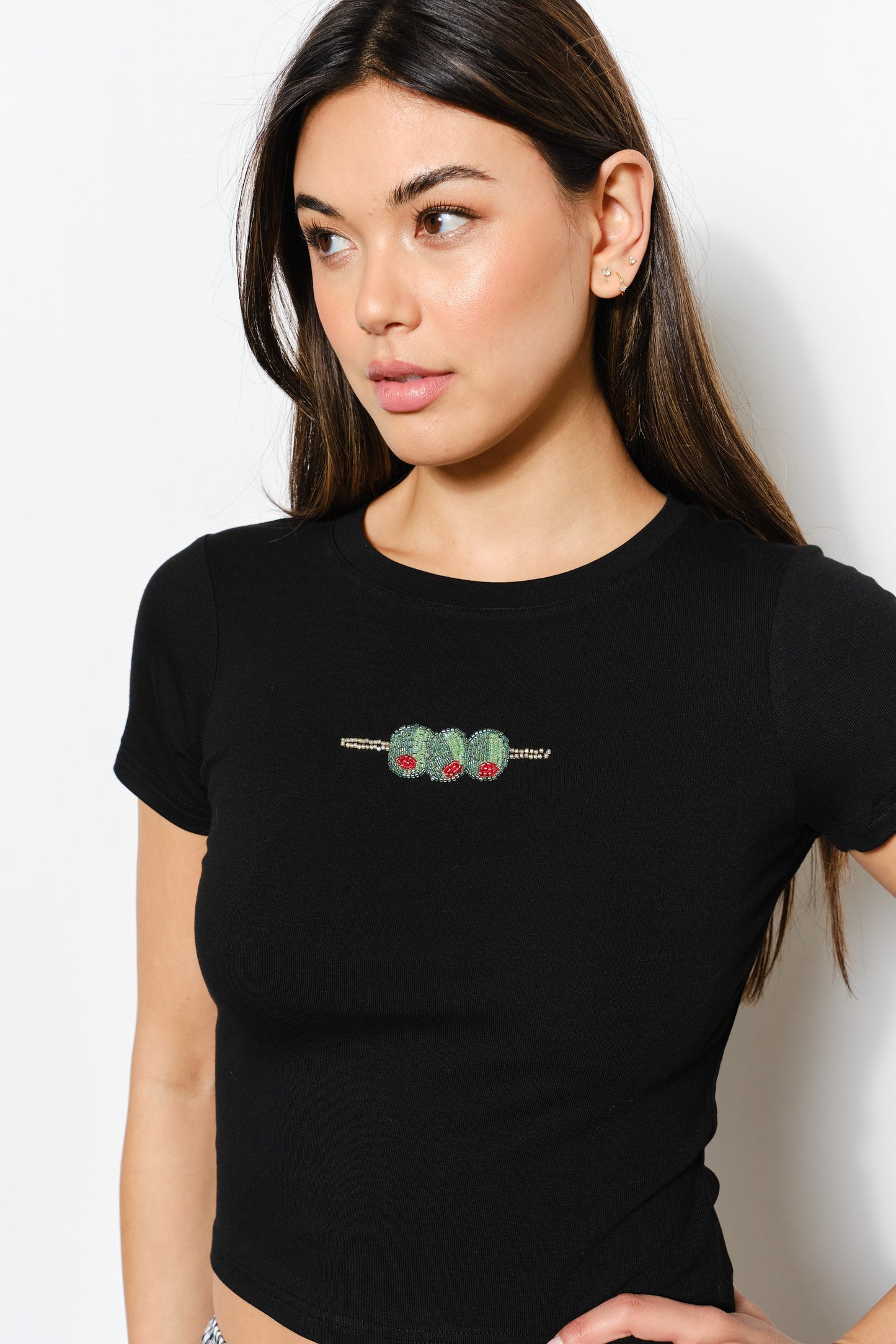Black Hand Beaded Olive Tee