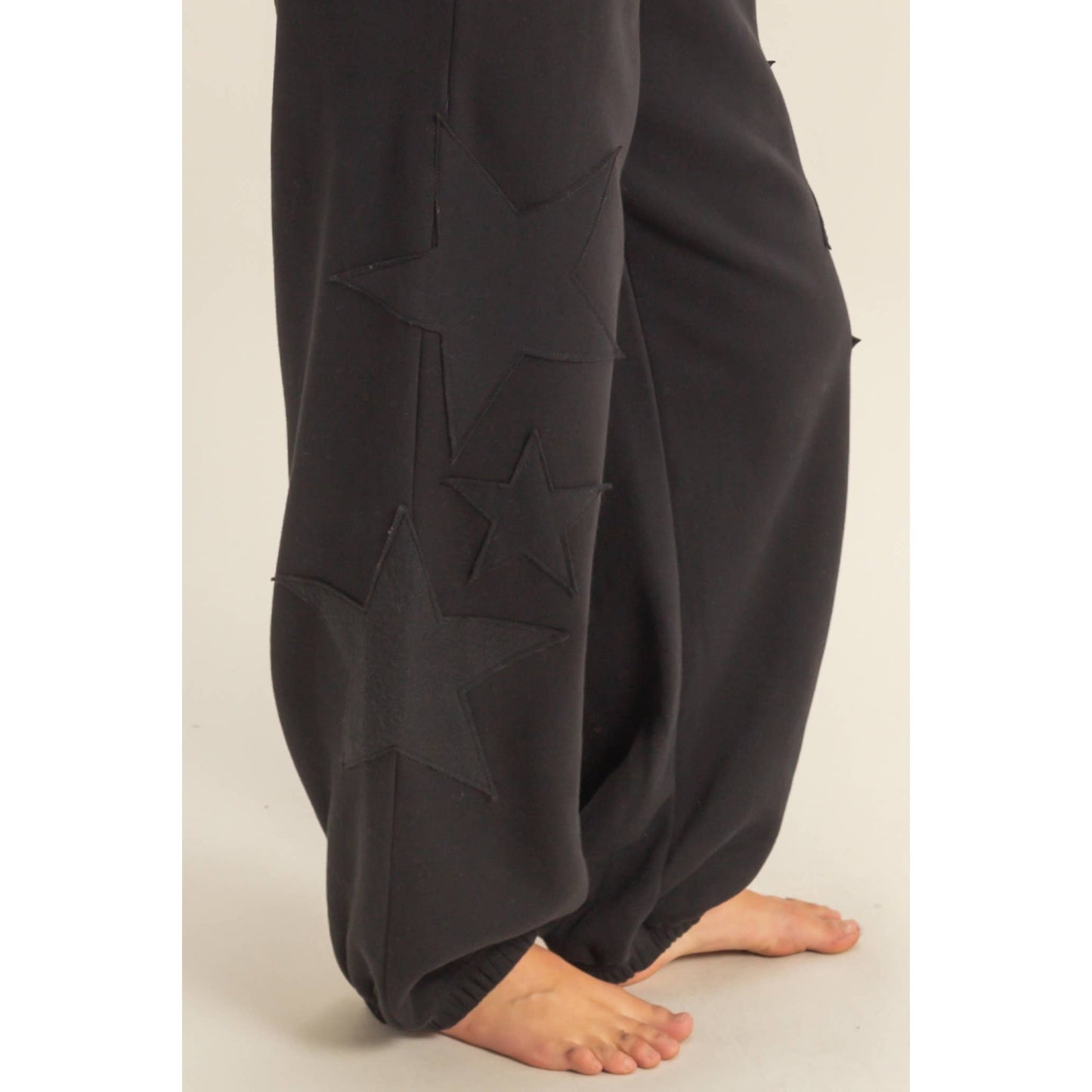 Star Patch Casual Drawstring Jogger Pants: BLACK