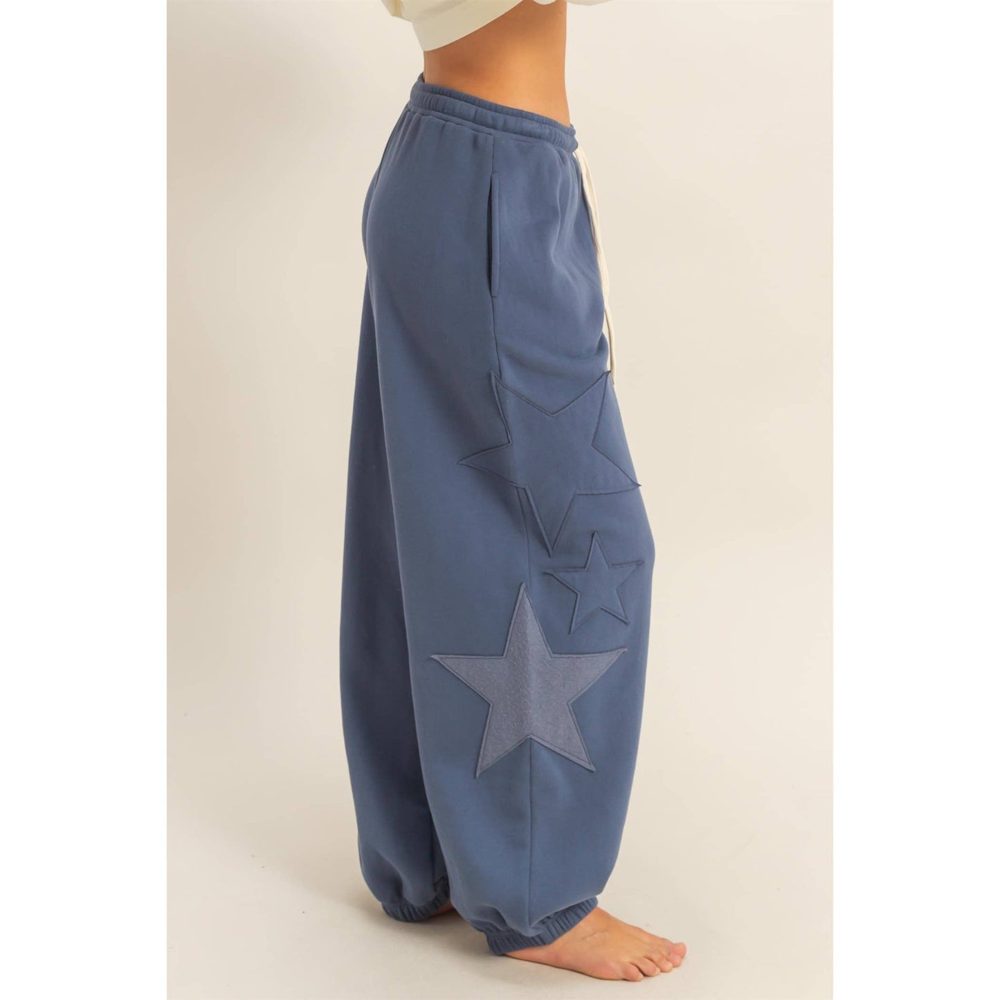 Star Patch Drawstring Pants in Dusty Blue
