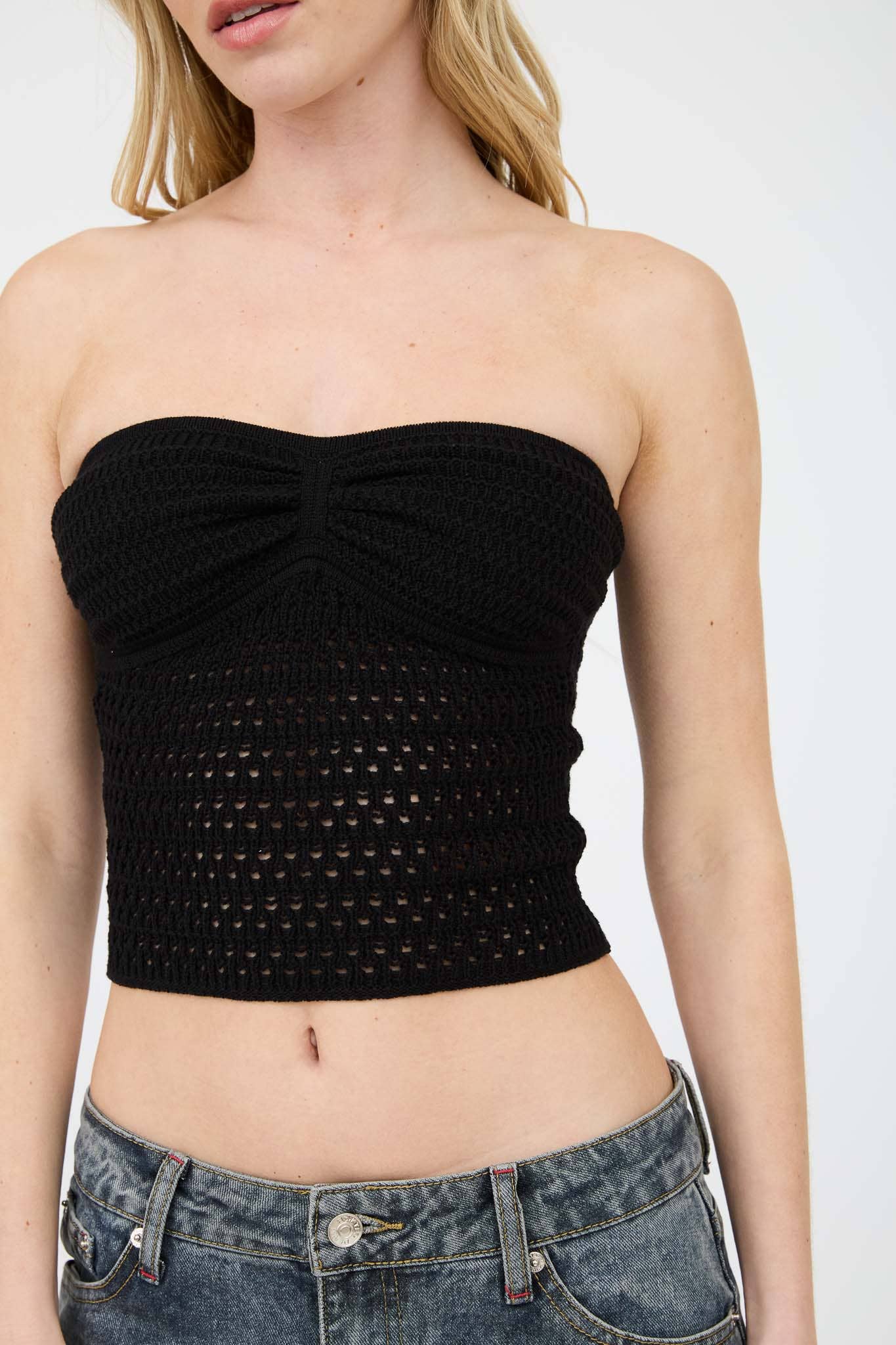 Black Strapless Crochet Tube Top