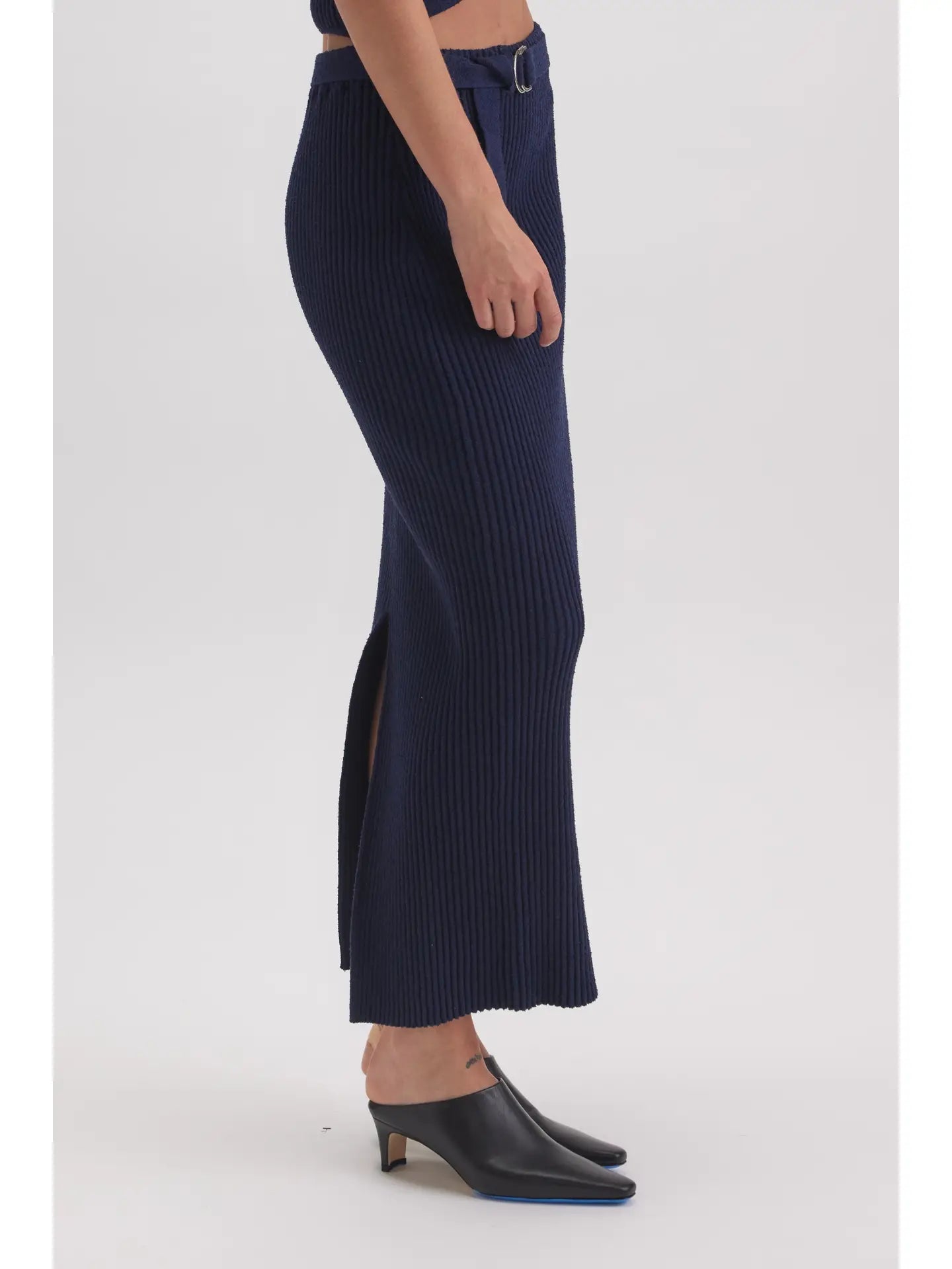 Navy Ribbed Midi Skirt