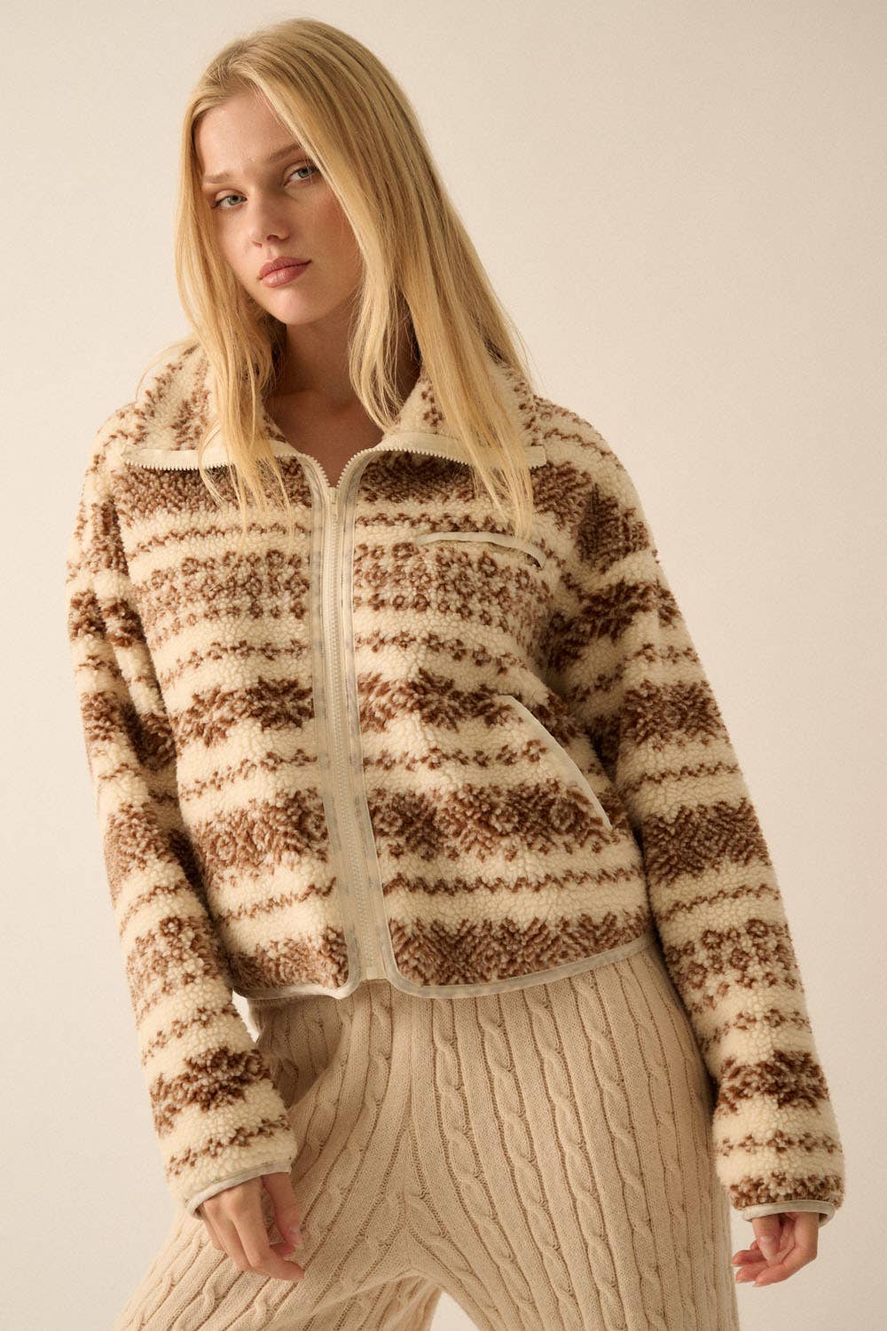 Alpine-Print Sherpa Fleece Pocket Jacket