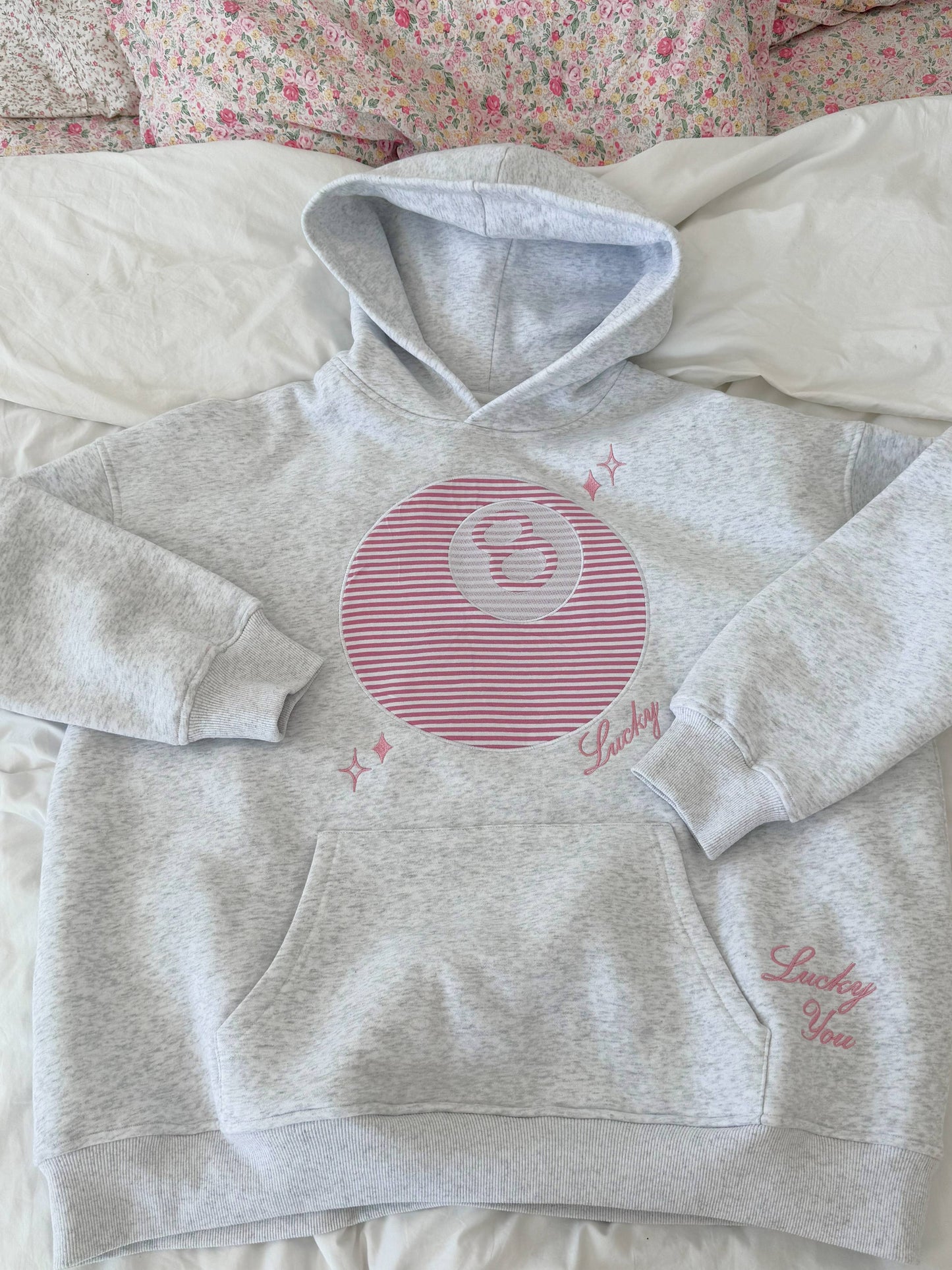 Pearl Grey Lucky You 8 Ball Embroidered Hoodie