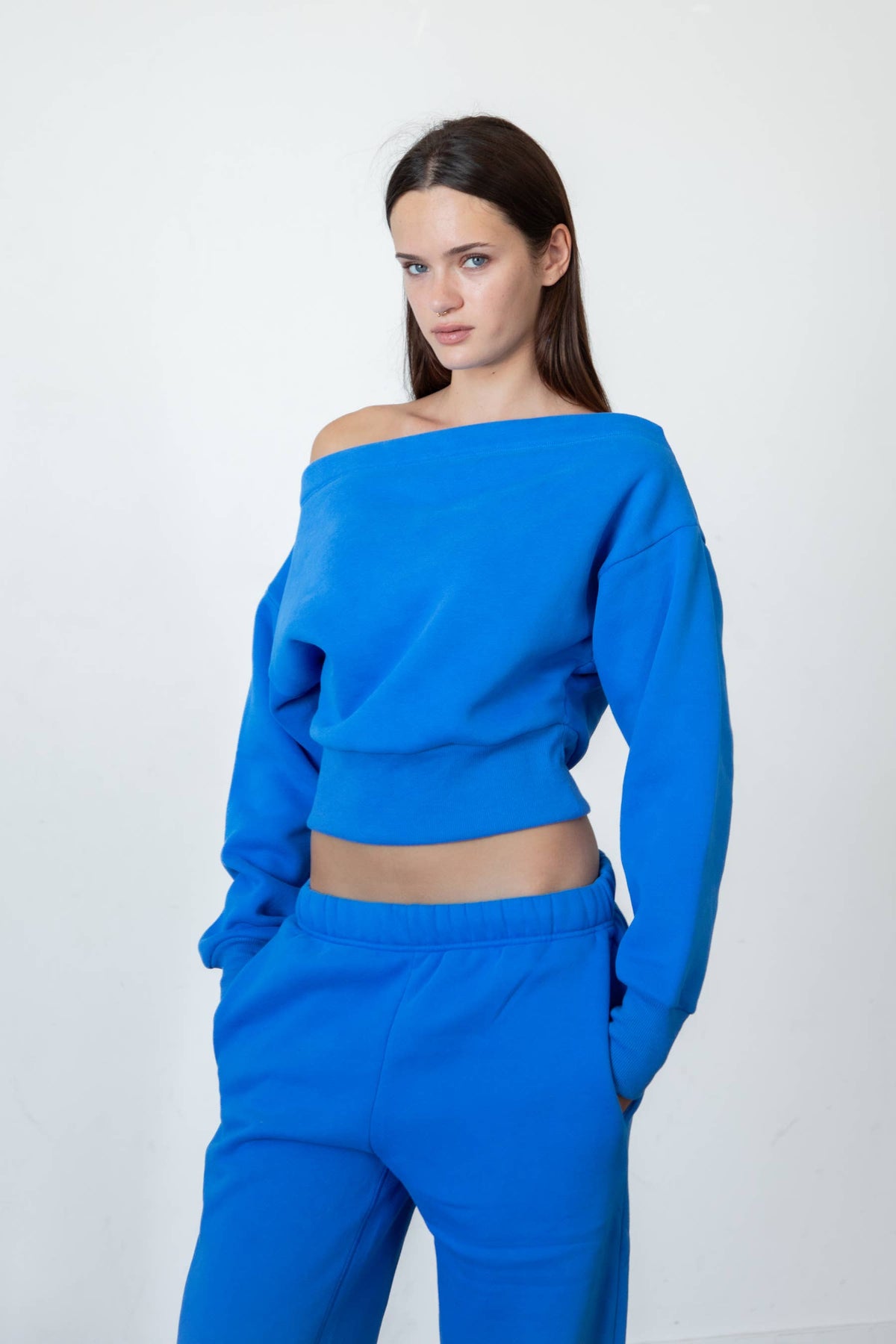 Jet Set Off Shoulder Sweatshirt in Electric Blue