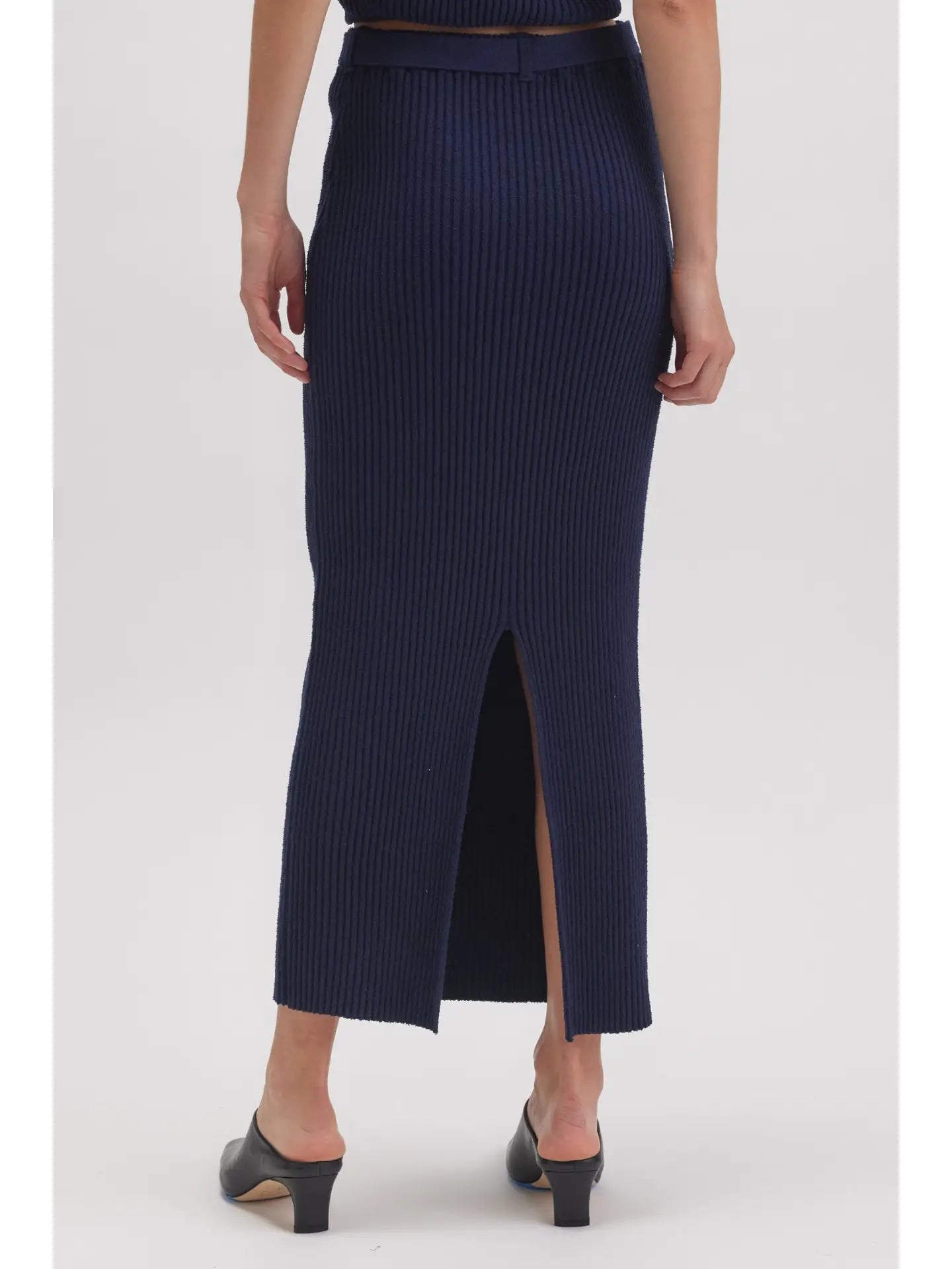 Navy Ribbed Midi Skirt