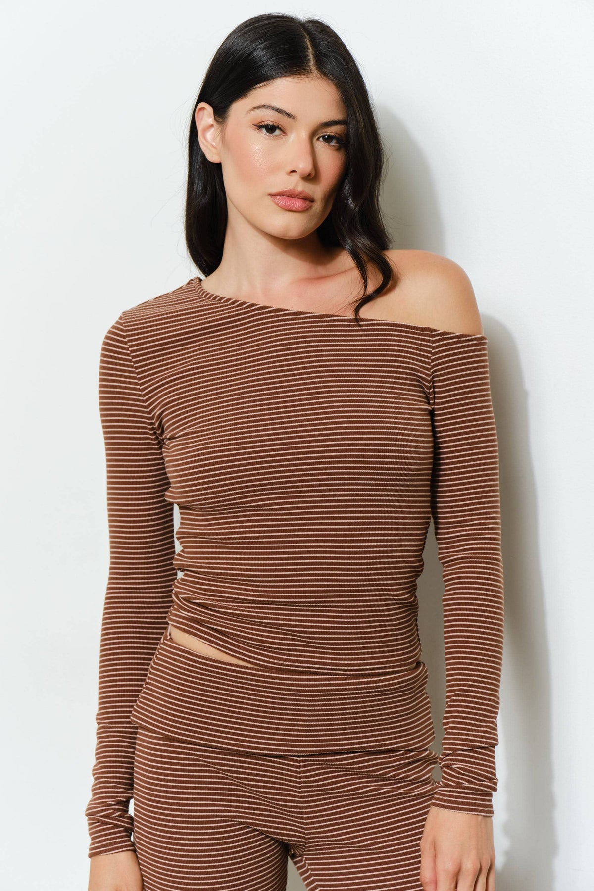 Grady Striped One Shoulder Top in Brown