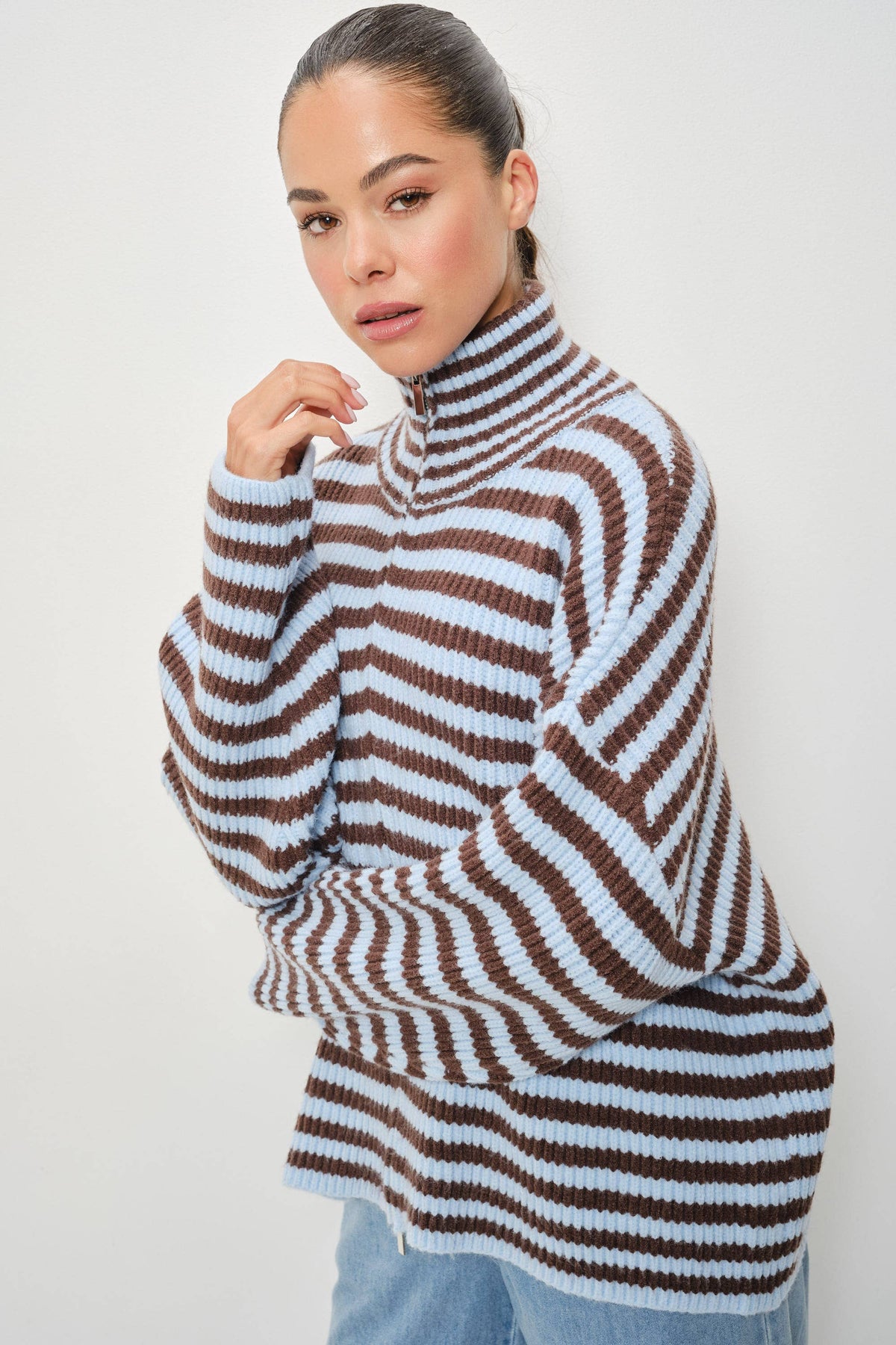 Zane Striped Mocked Neck Zip Up Jacket