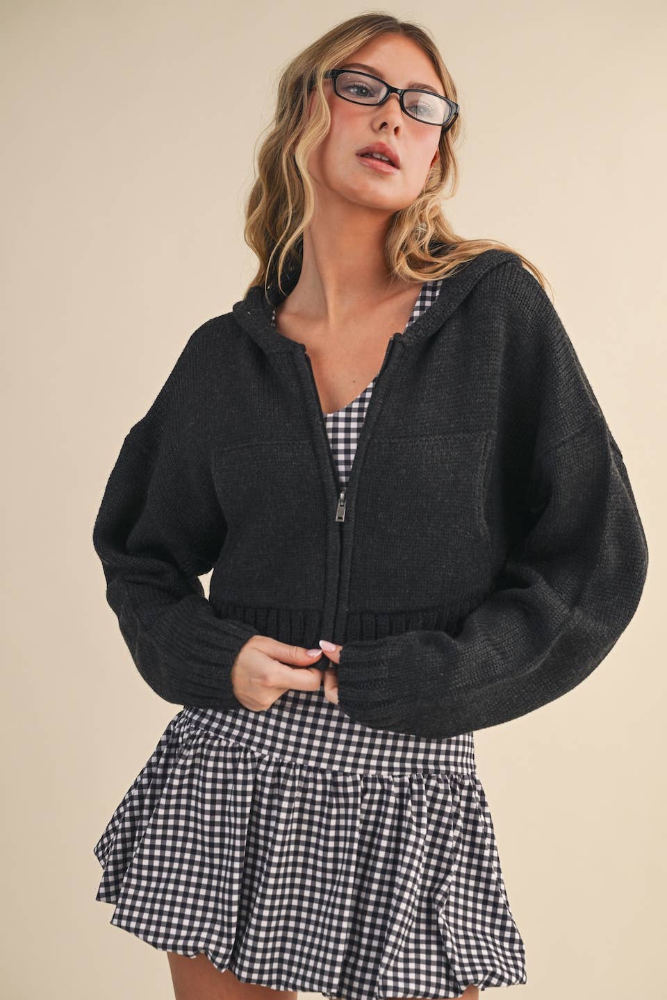 Knit Zip Up Hoodie Sweater: Brown