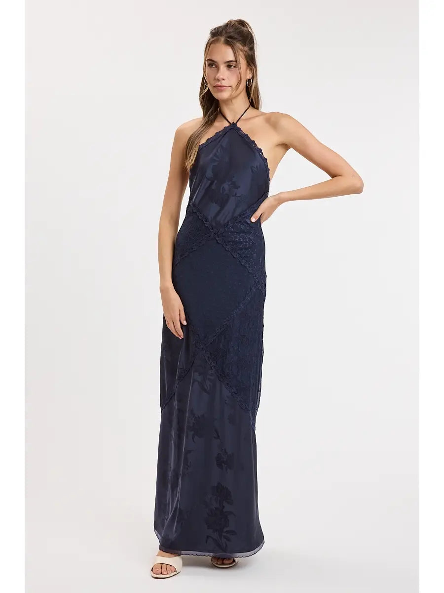 Serena Lace Halter Maxi Dress in Navy