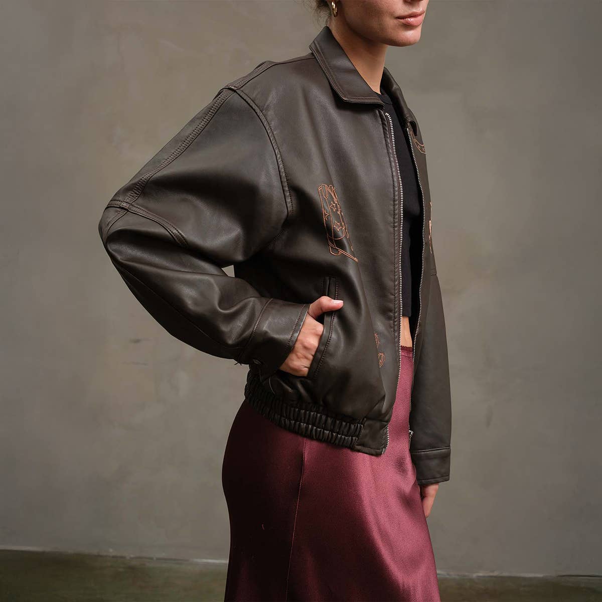 Lucky Charm Embroidered Leather Bomber Jacket