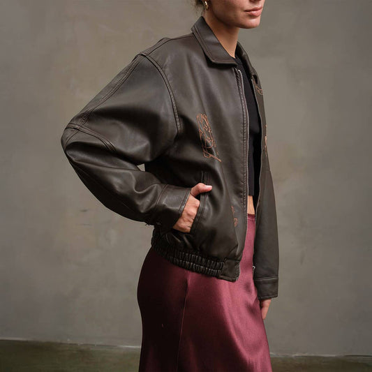 Lucky Charm Embroidered Leather Bomber Jacket