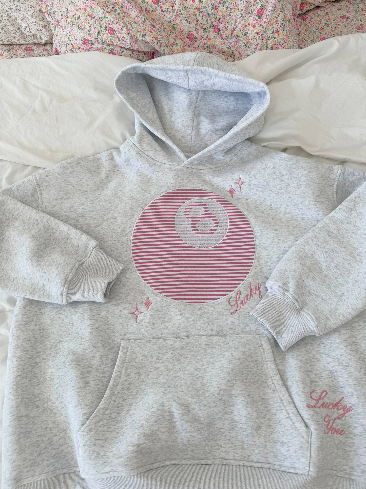 Pearl Grey Lucky You 8 Ball Embroidered Hoodie