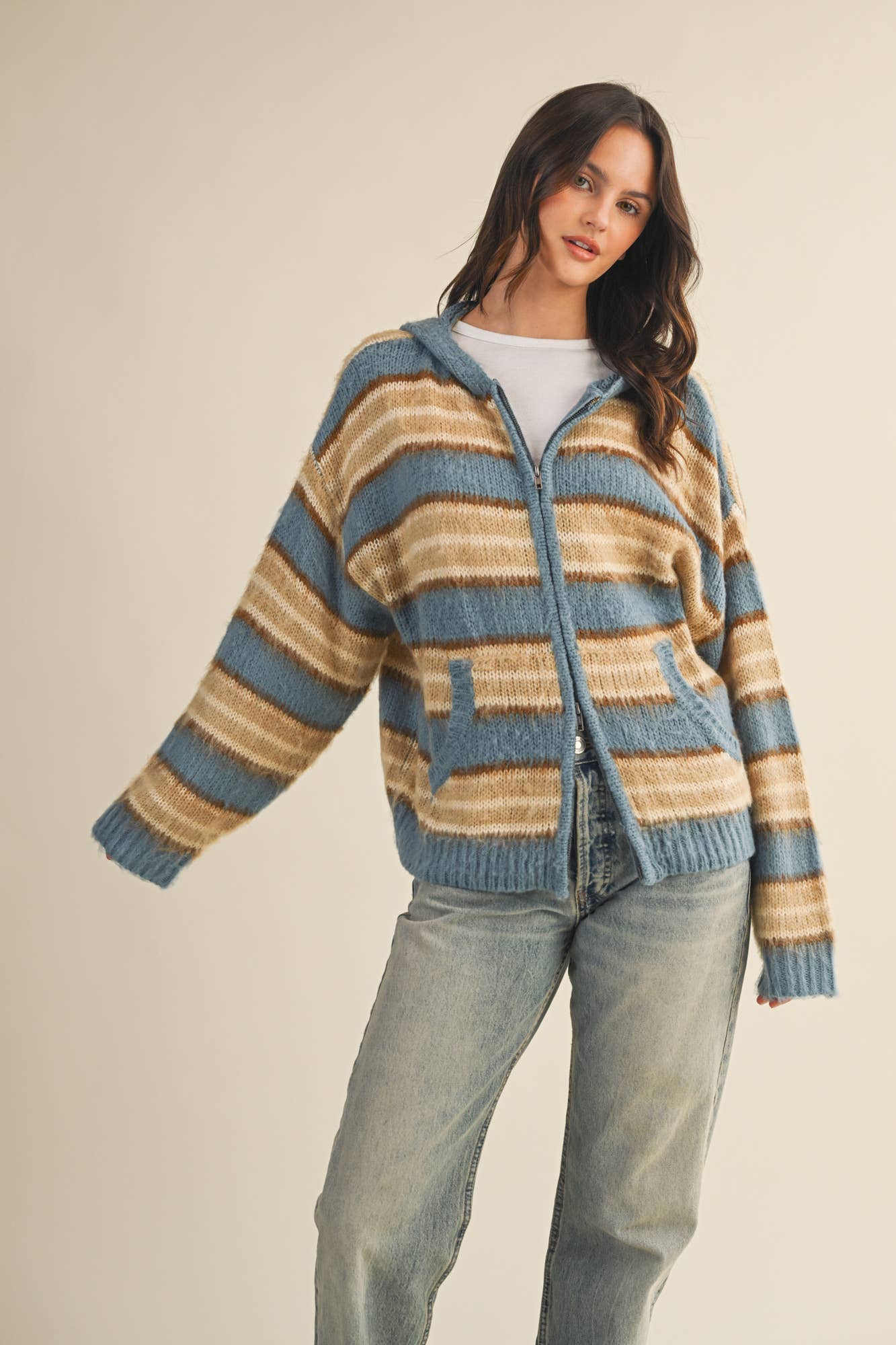 SWEATER HOOD ZIP UP JACKET: DENIM MULTI