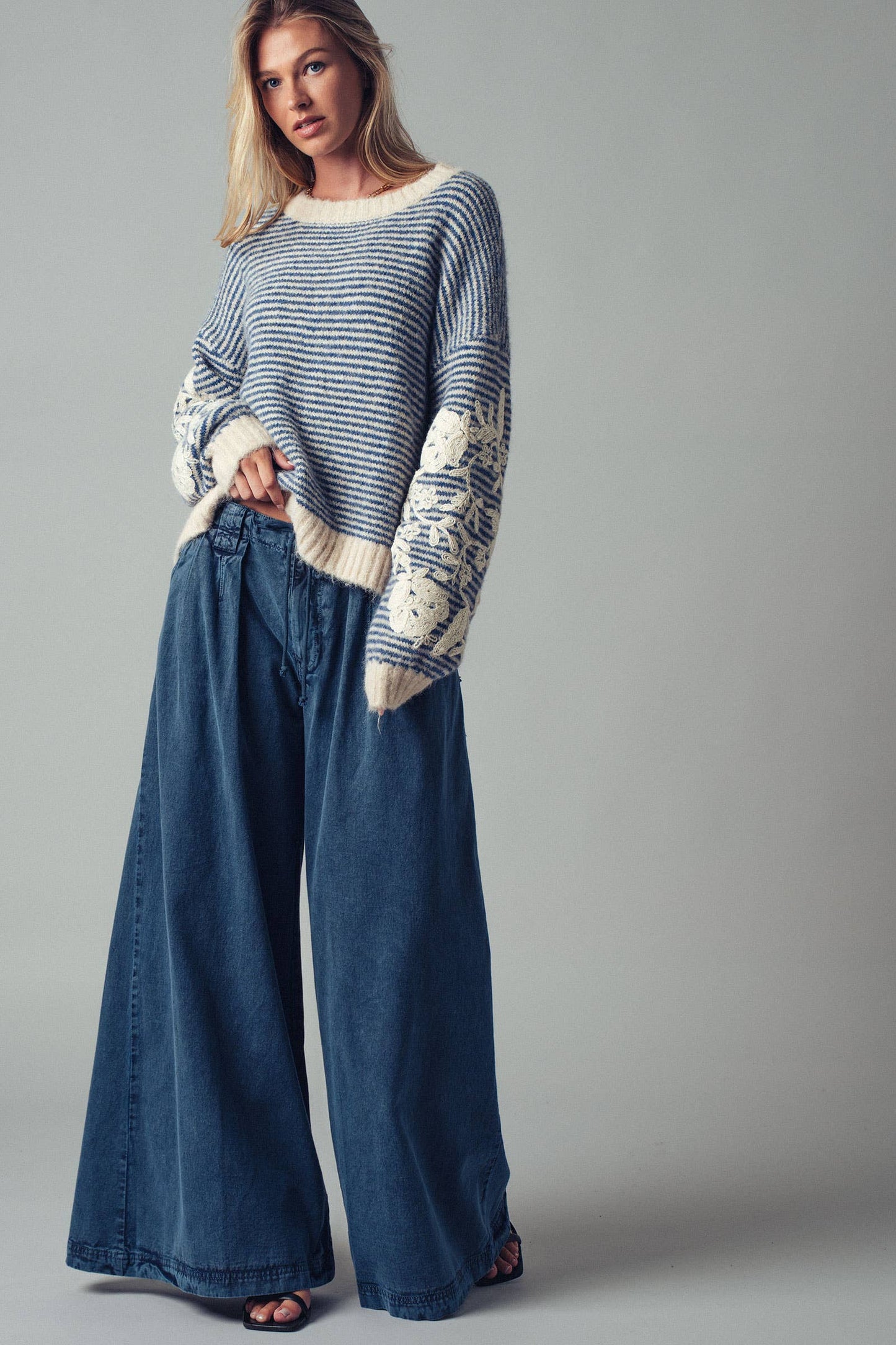 Floral Embroidered Striped Knit Sweater