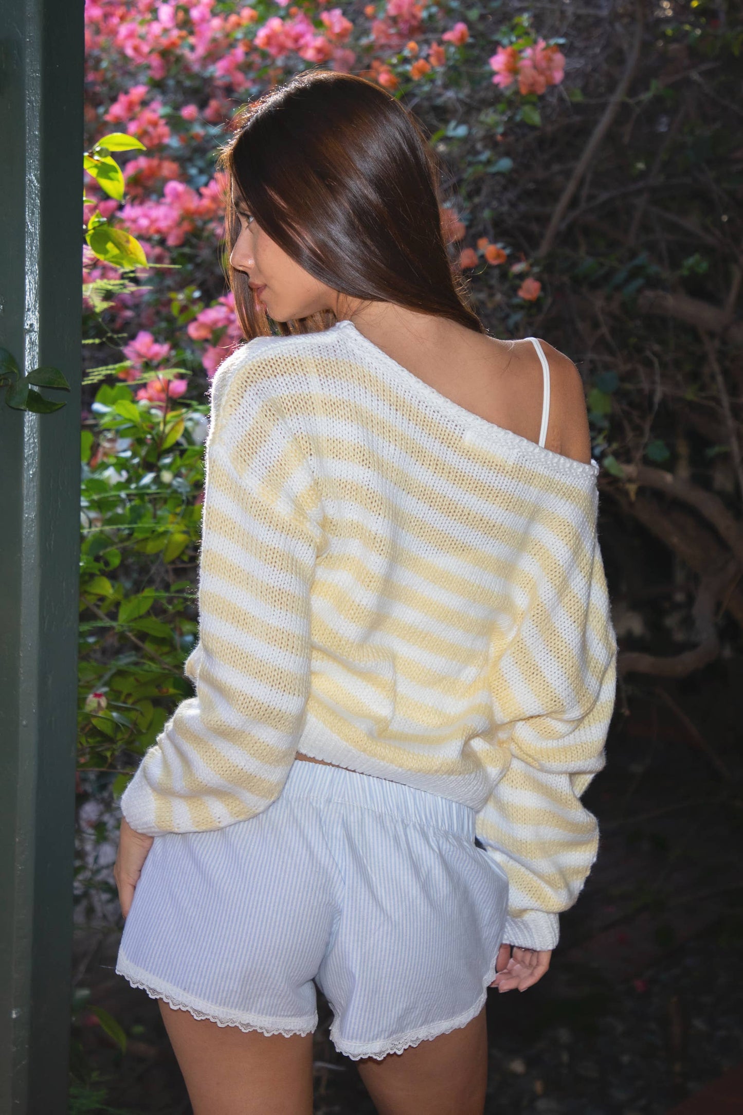 Paisey Striped Off-The-Shoulder Sweater Knit Pullover in Yellow