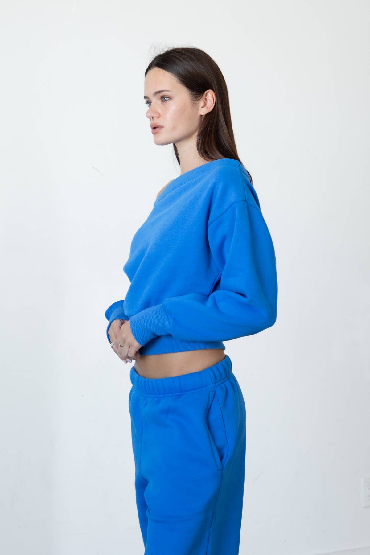 Jet Set Off Shoulder Sweatshirt in Electric Blue
