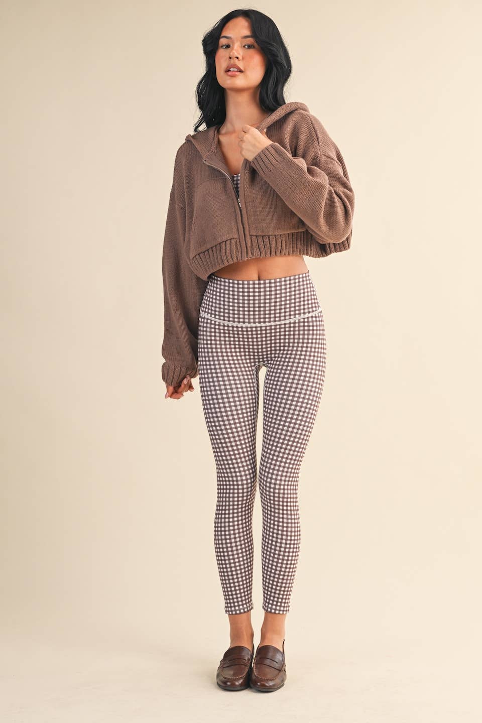 Knit Zip Up Hoodie Sweater: Brown