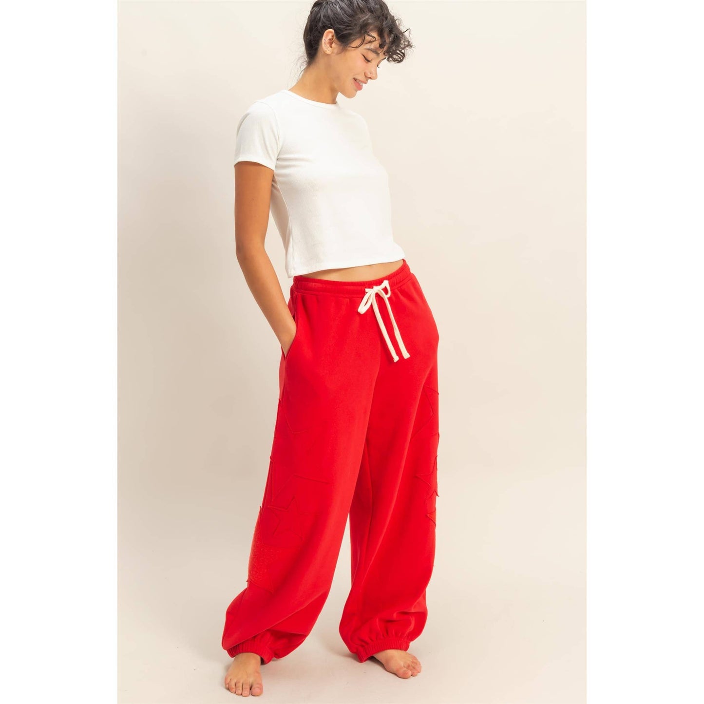 Star Patch Casual Drawstring Jogger Pants in RED