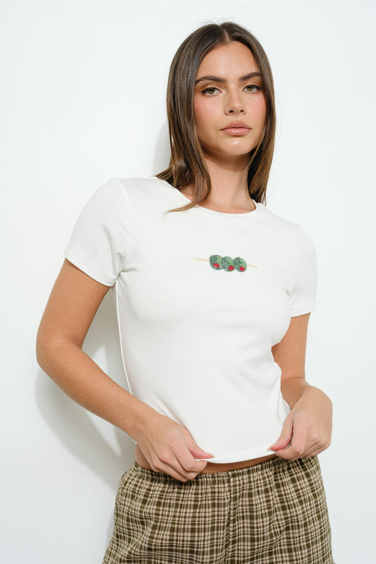White Hand Beaded Olive Tee