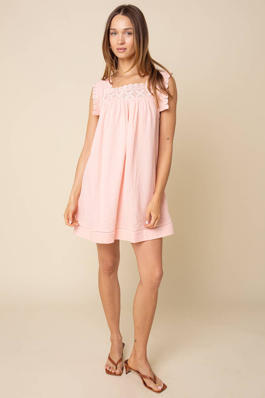 Jamya Square-Neck Empire Mini Dress in Coral