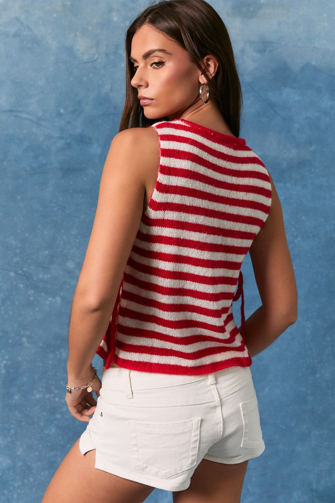Sleeveless Boat Neck Side Tie Stripe Sweater Top