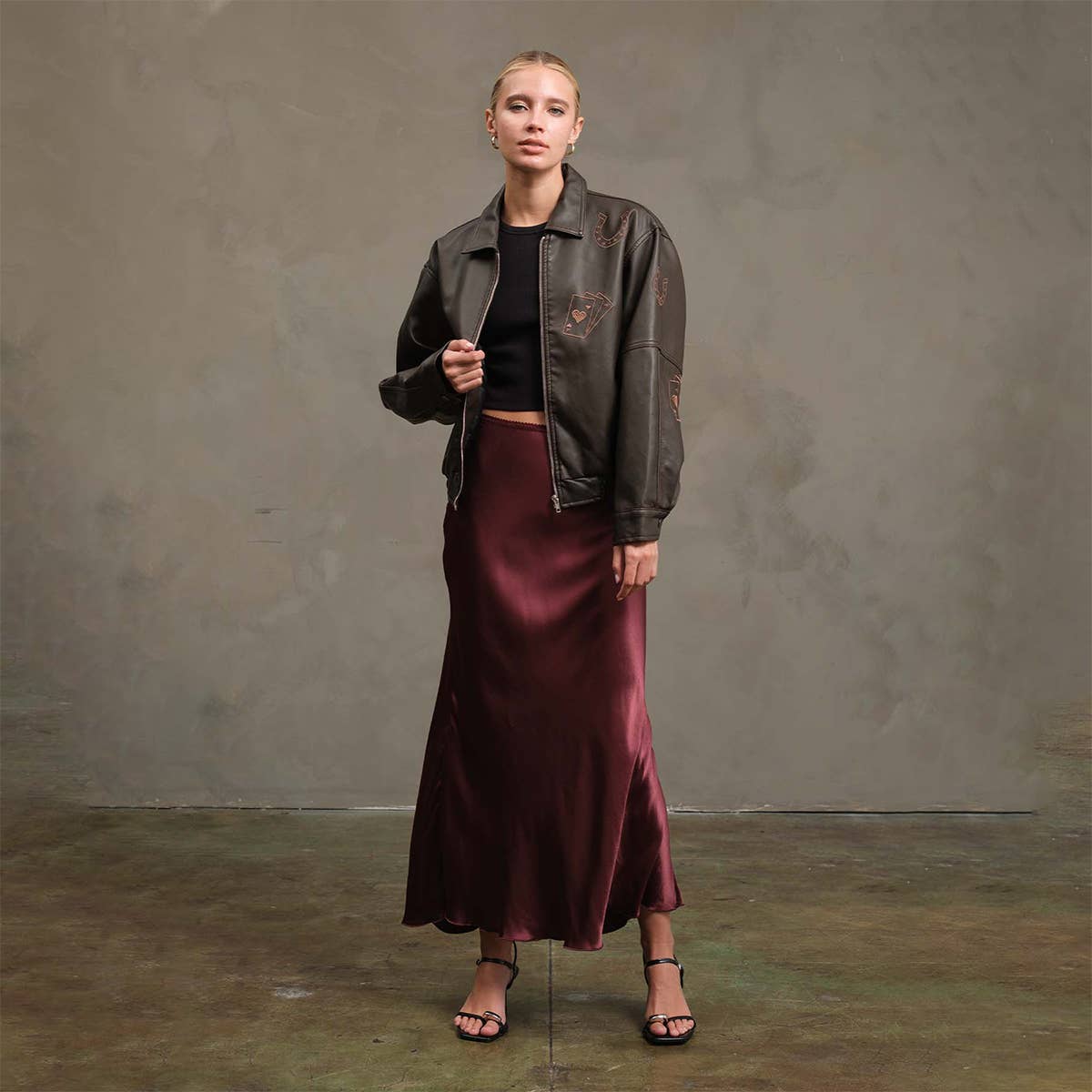 Lucky Charm Embroidered Leather Bomber Jacket