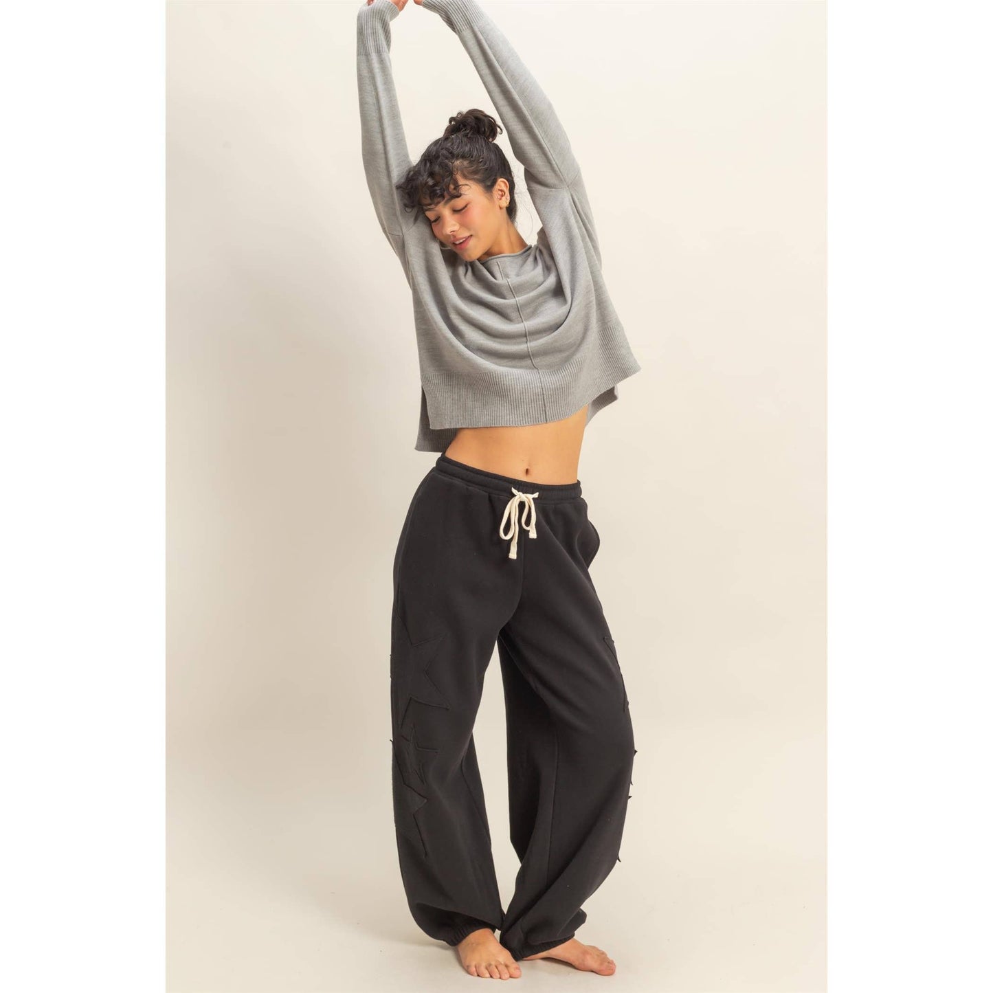 Star Patch Casual Drawstring Jogger Pants: BLACK