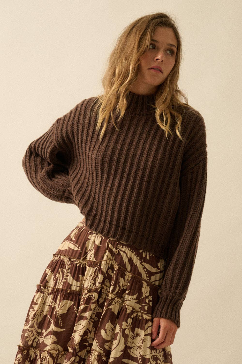 Chocolate Crew Neck Wide Sleeve Rib Knit Sweater
