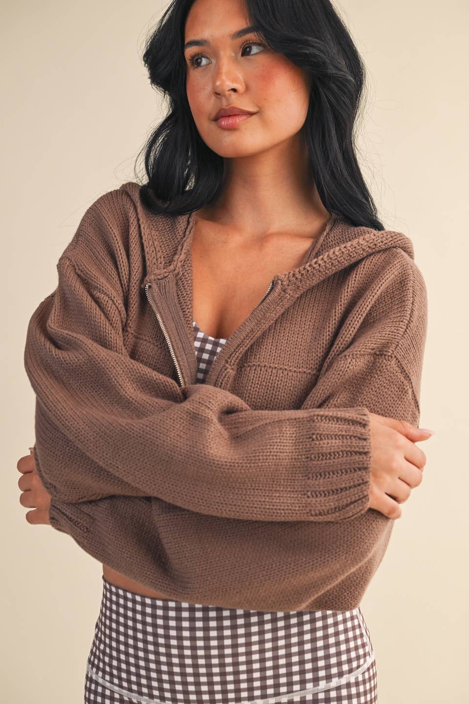 Knit Zip Up Hoodie Sweater: Brown