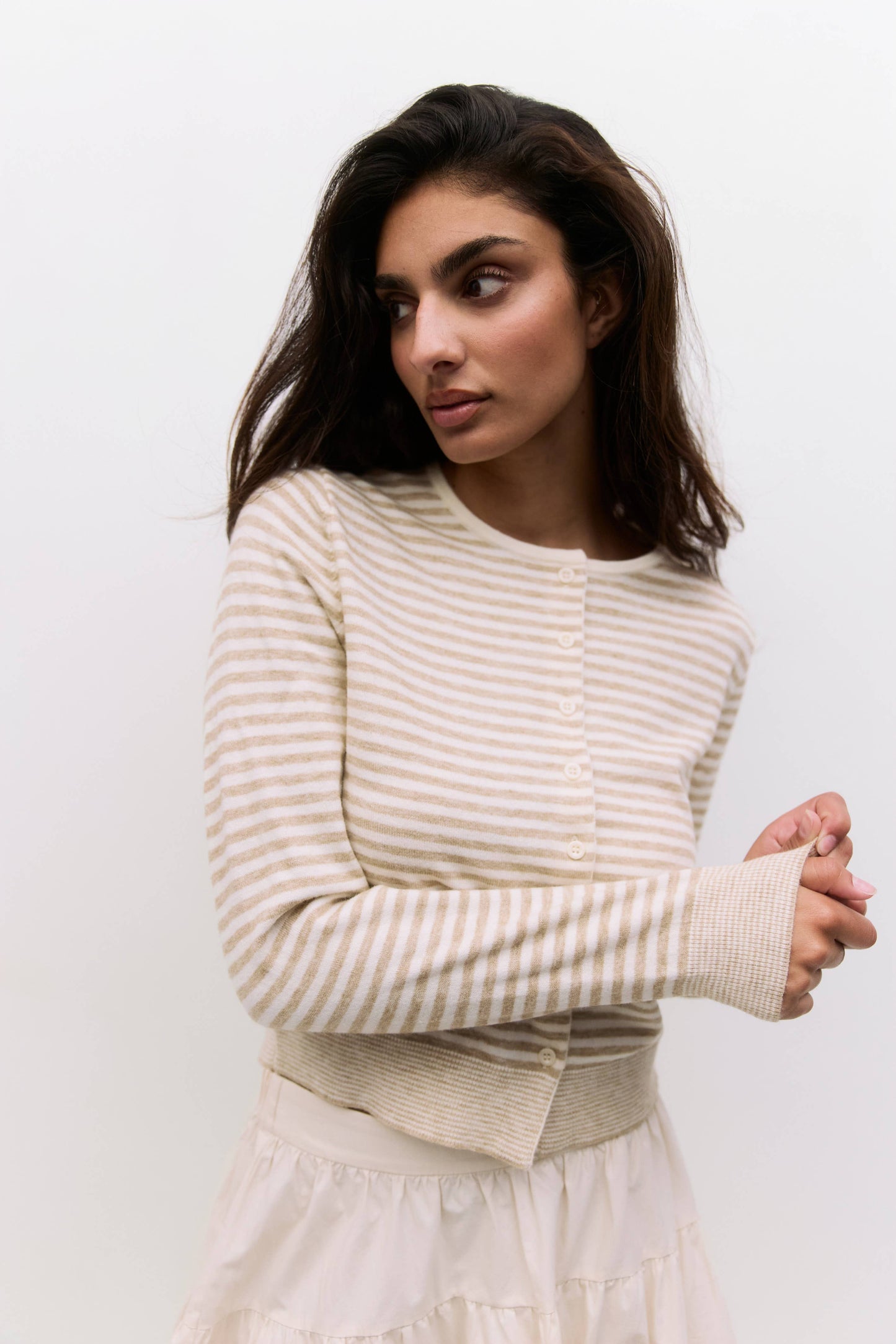 The Sunday Cardigan in Beige Stripe