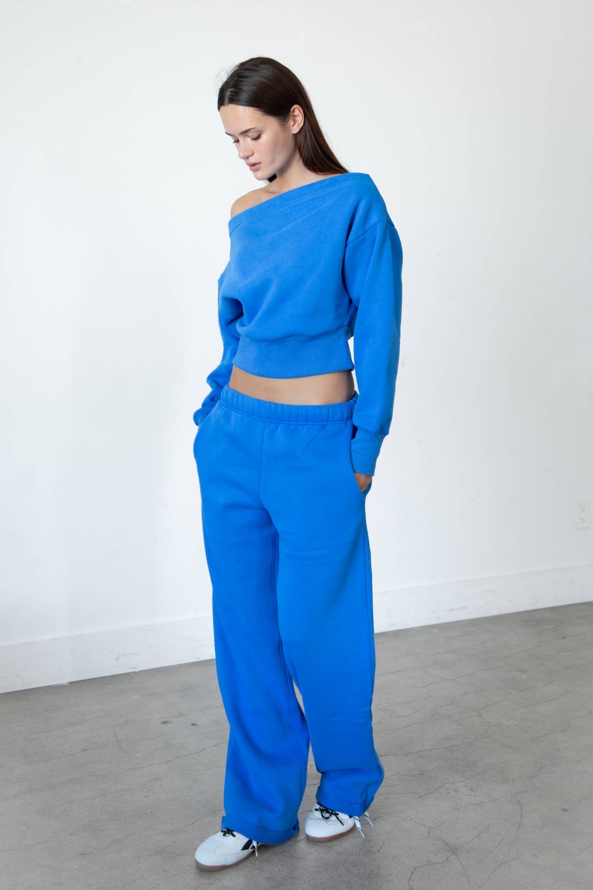 Jet Set Off Shoulder Sweatshirt in Electric Blue