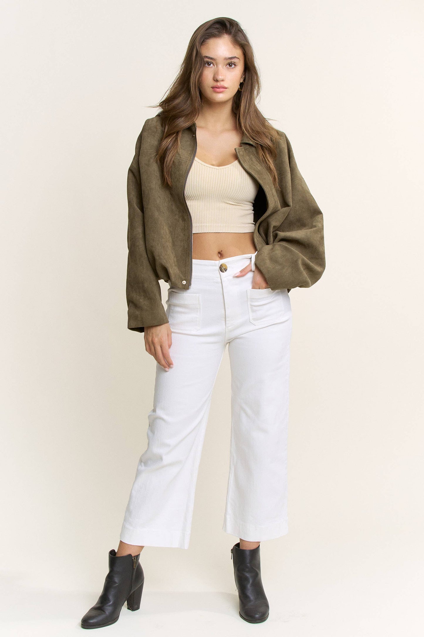 Olive Suede Bomber Jacket