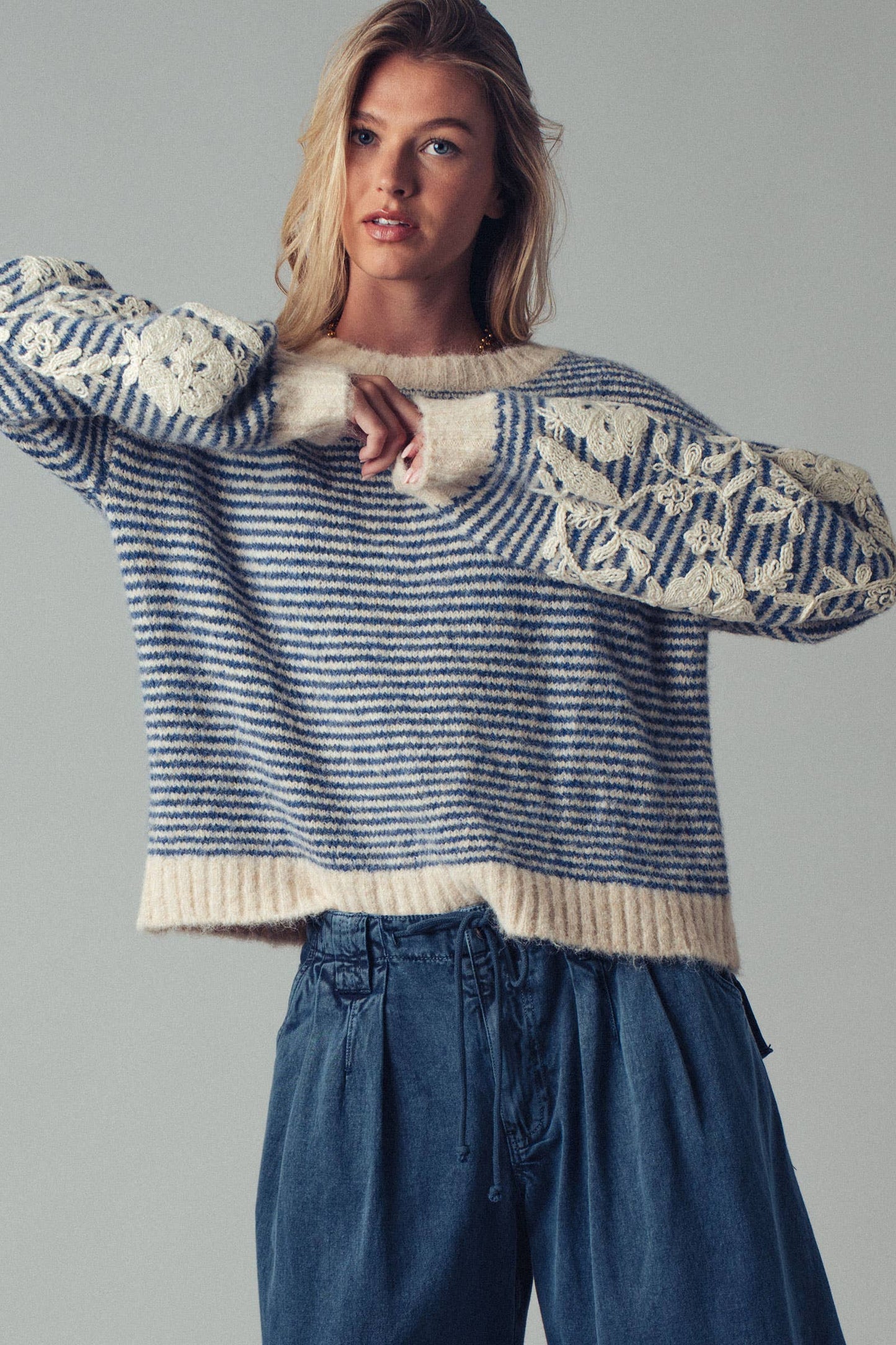 Floral Embroidered Striped Knit Sweater