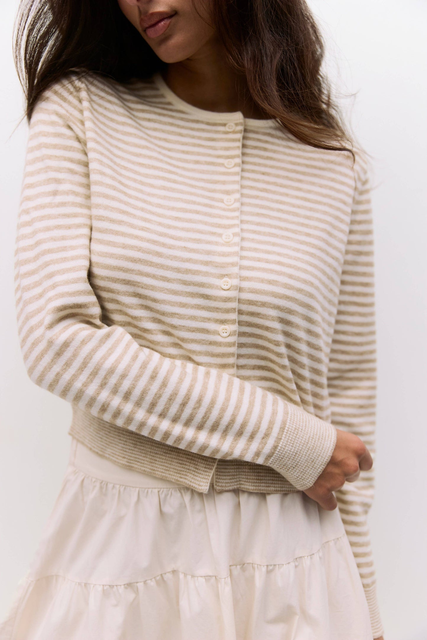 The Sunday Cardigan in Beige Stripe