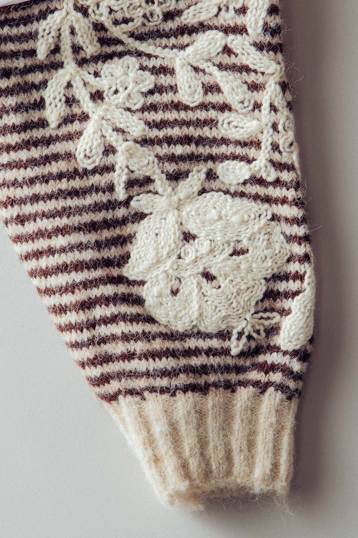 Floral Embroidered Striped Knit Sweater in Brown
