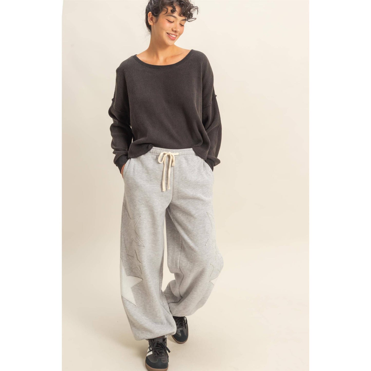 Star Patch Casual Drawstring Jogger Pants in Heather Grey