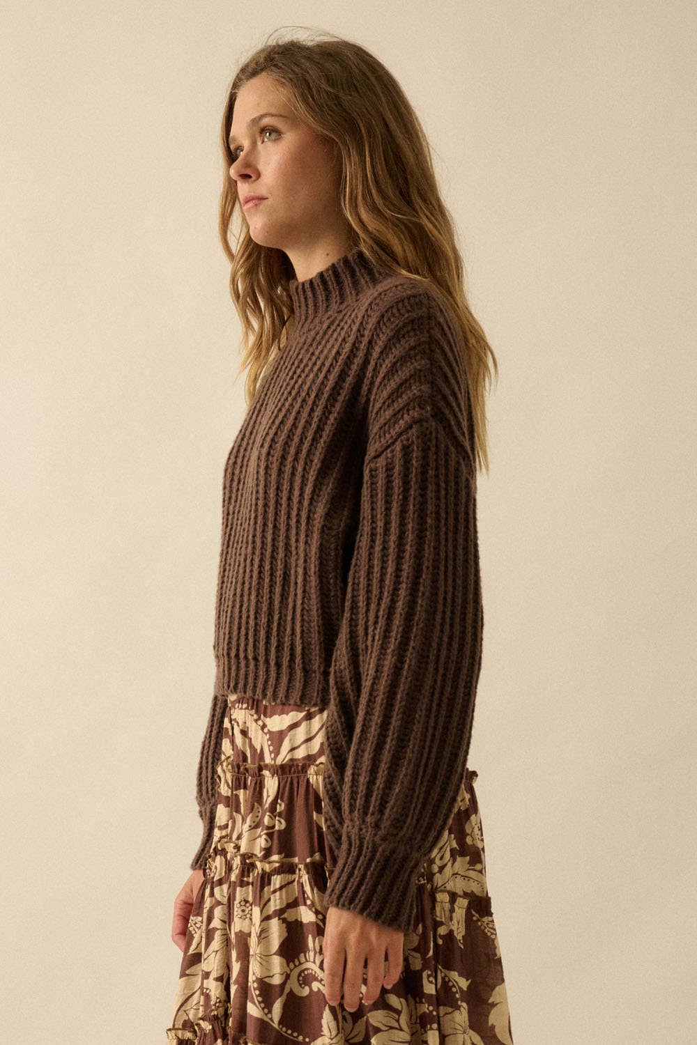 Chocolate Crew Neck Wide Sleeve Rib Knit Sweater