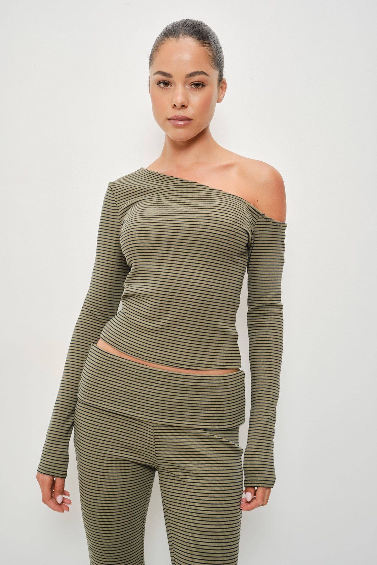 Grady Striped One Shoulder Top in Olive