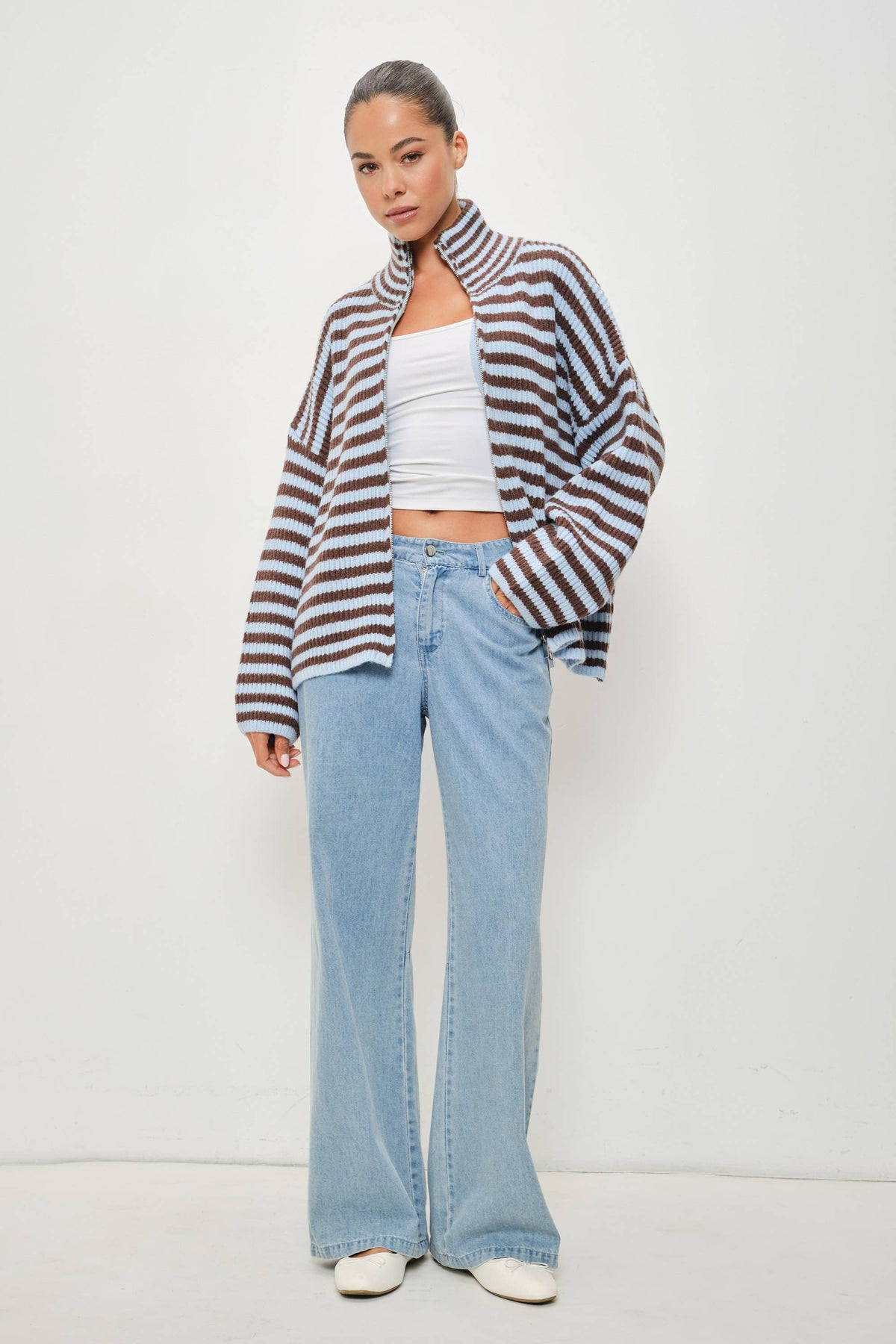 Zane Striped Mocked Neck Zip Up Jacket