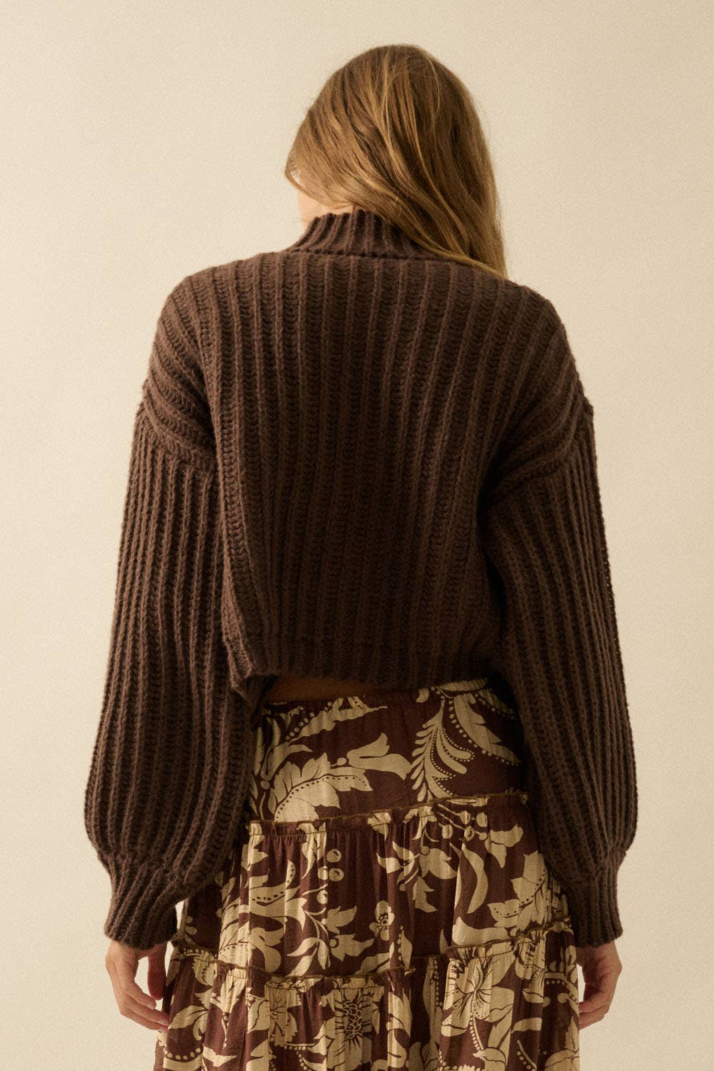 Chocolate Crew Neck Wide Sleeve Rib Knit Sweater