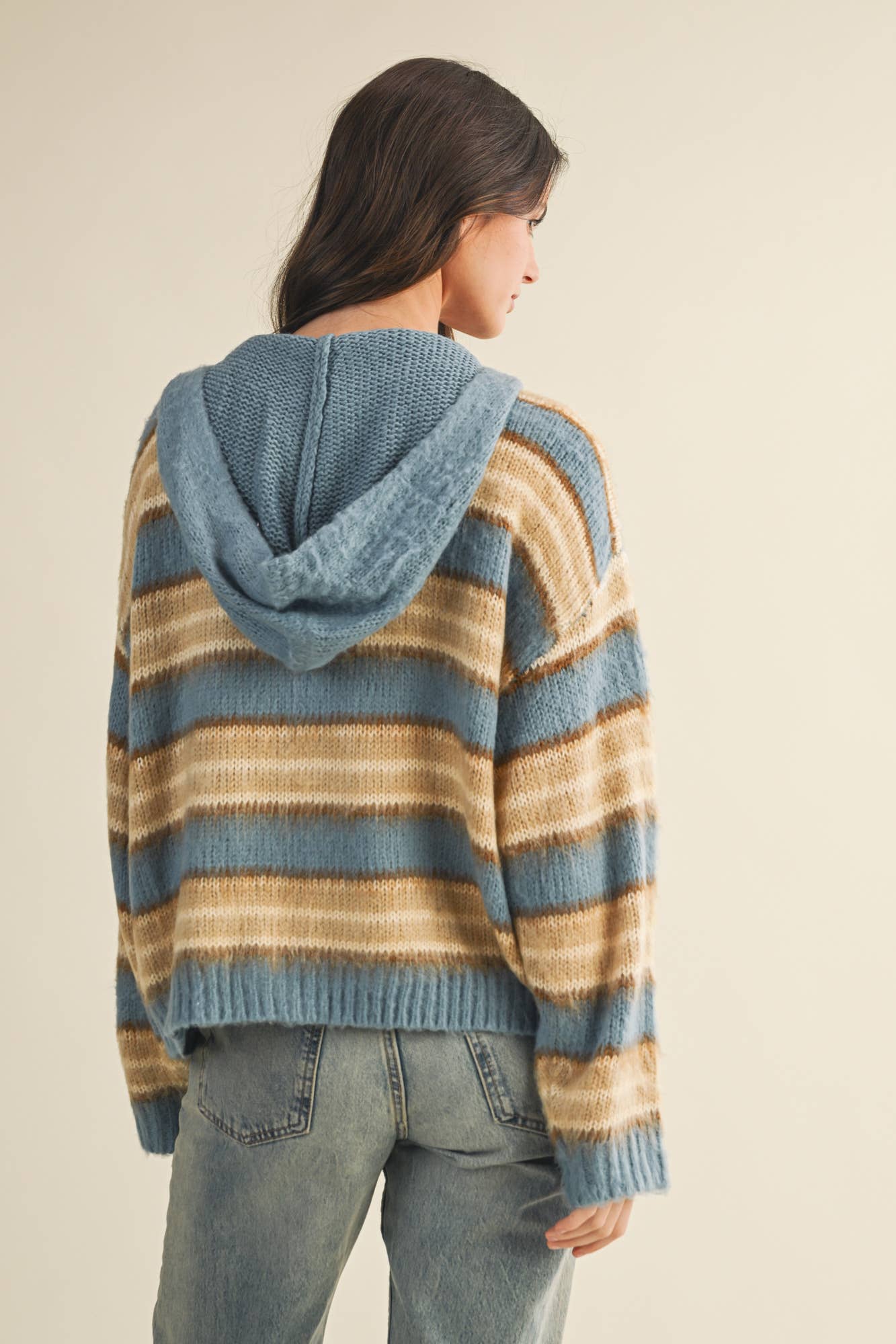 SWEATER HOOD ZIP UP JACKET: DENIM MULTI