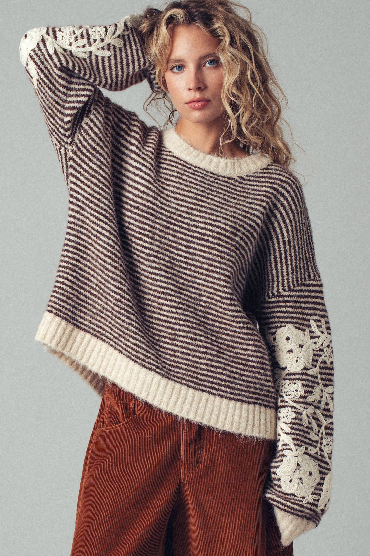 Floral Embroidered Striped Knit Sweater in Brown