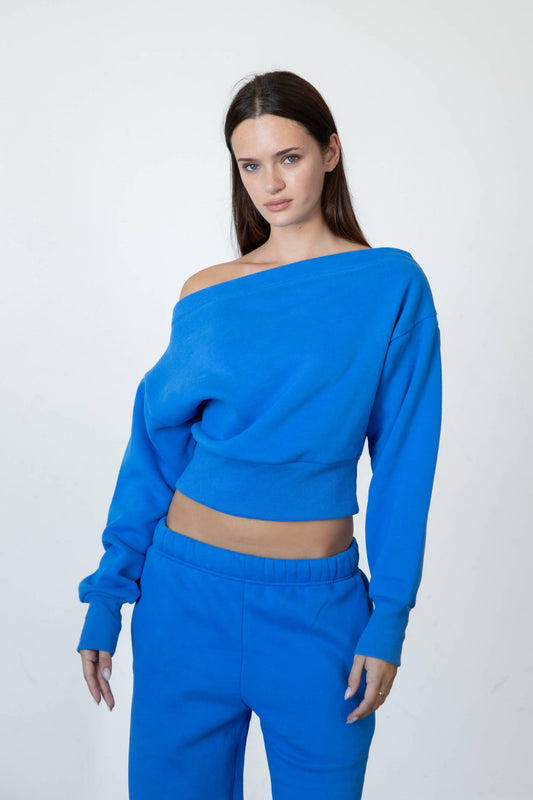 Jet Set Off Shoulder Sweatshirt in Electric Blue