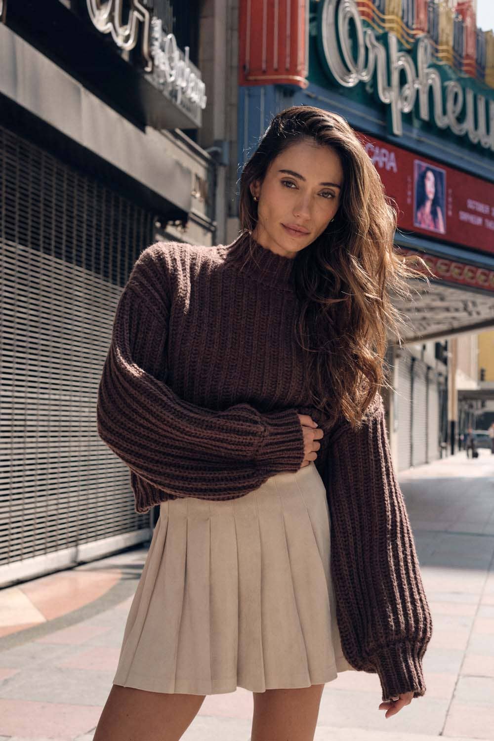Chocolate Crew Neck Wide Sleeve Rib Knit Sweater