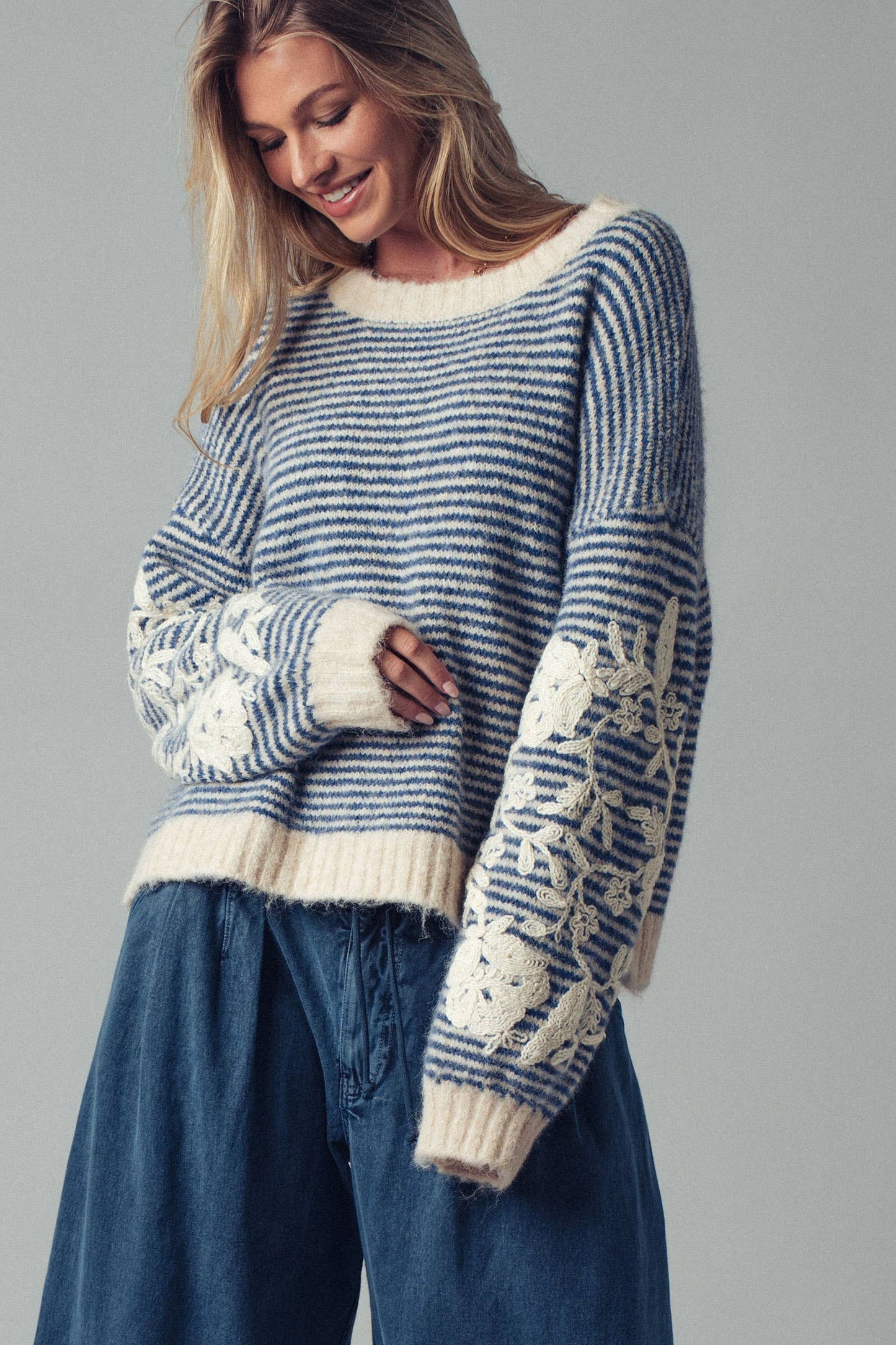 Floral Embroidered Striped Knit Sweater