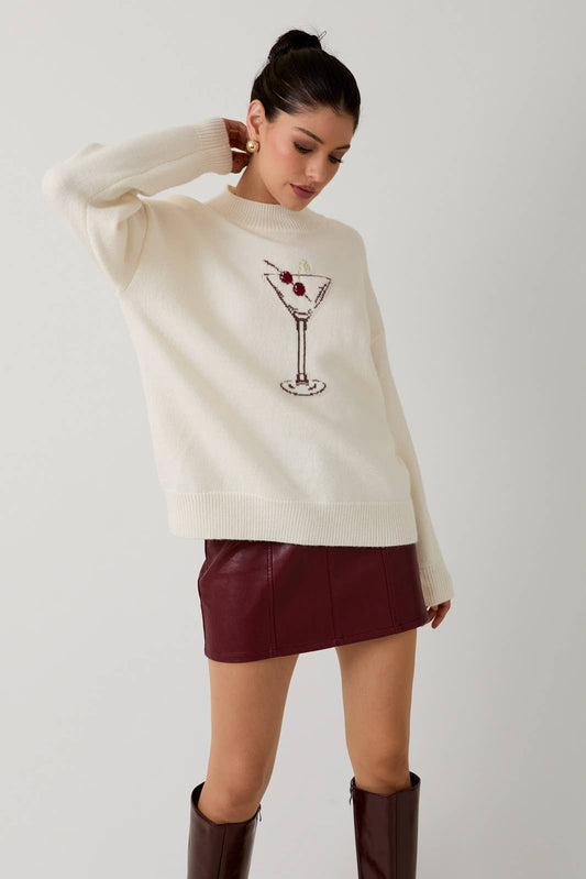 MOCK NECK LONG SLEEVE "CHERRY MARTINI" GRAPHIC SWEATER