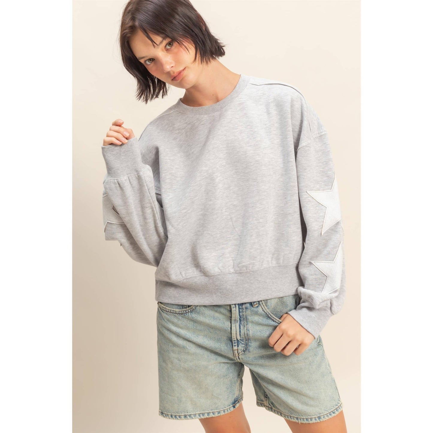 Star Patch Crewneck in Heather Grey