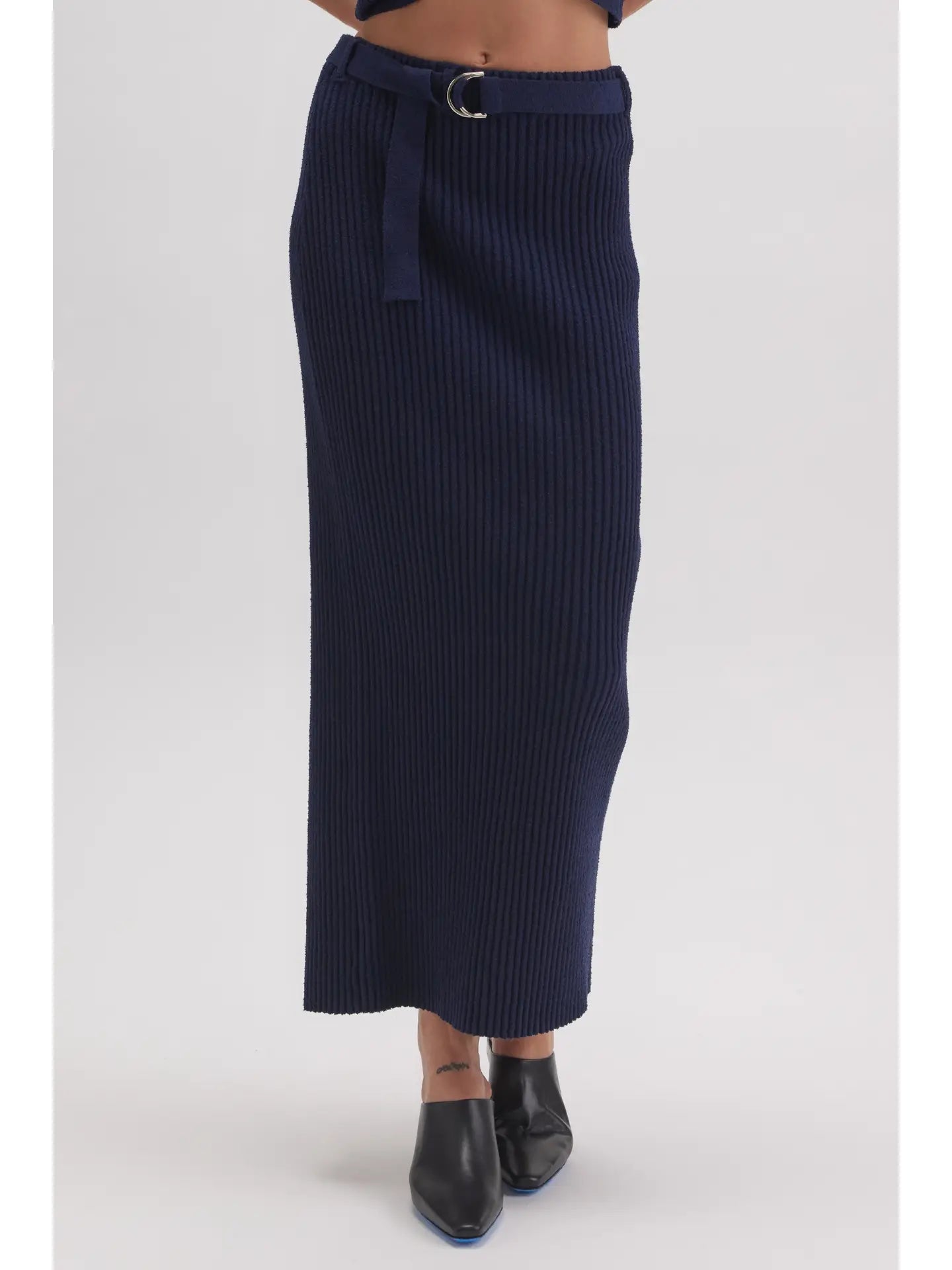 Navy Ribbed Midi Skirt