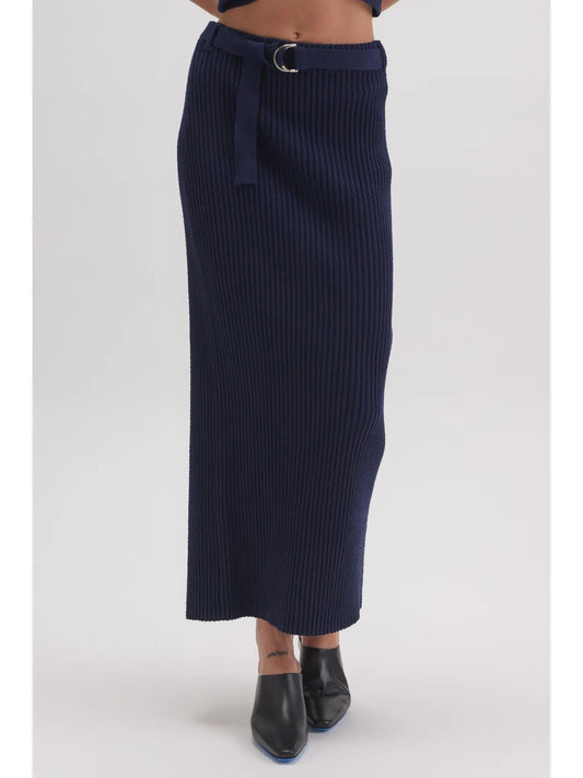 Navy Ribbed Midi Skirt